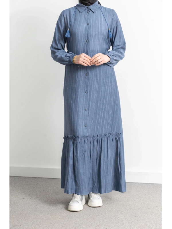 LETAFET ÖNÜ DÜĞMELİ BÜZGÜLÜ ELBİSE - İNDİGO