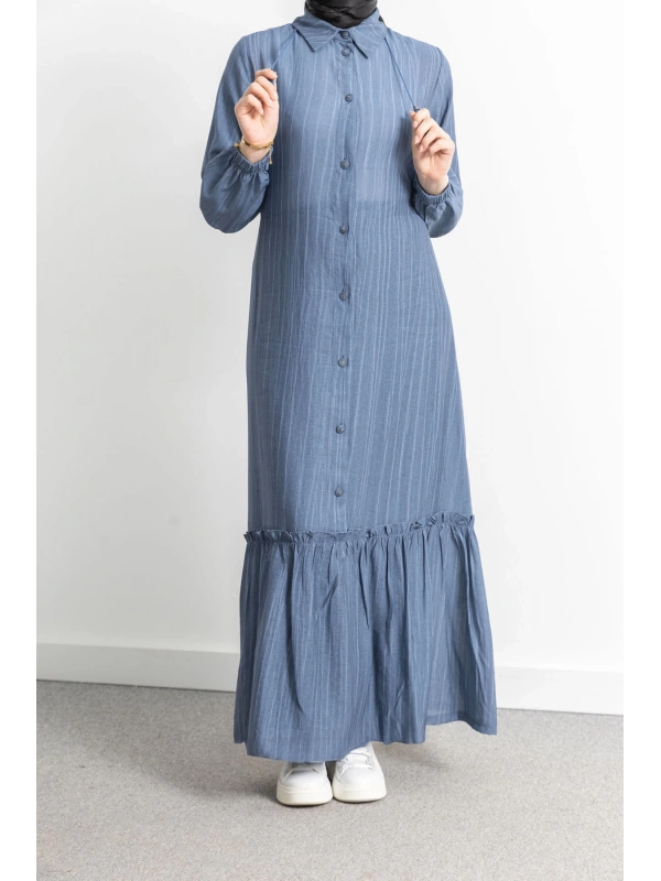 LETAFET ÖNÜ DÜĞMELİ BÜZGÜLÜ ELBİSE - İNDİGO