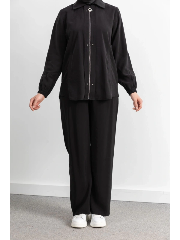 LETAFET RİVET DETAYLI FERMUARLI PANTOLONLU TAKIM - SİYAH