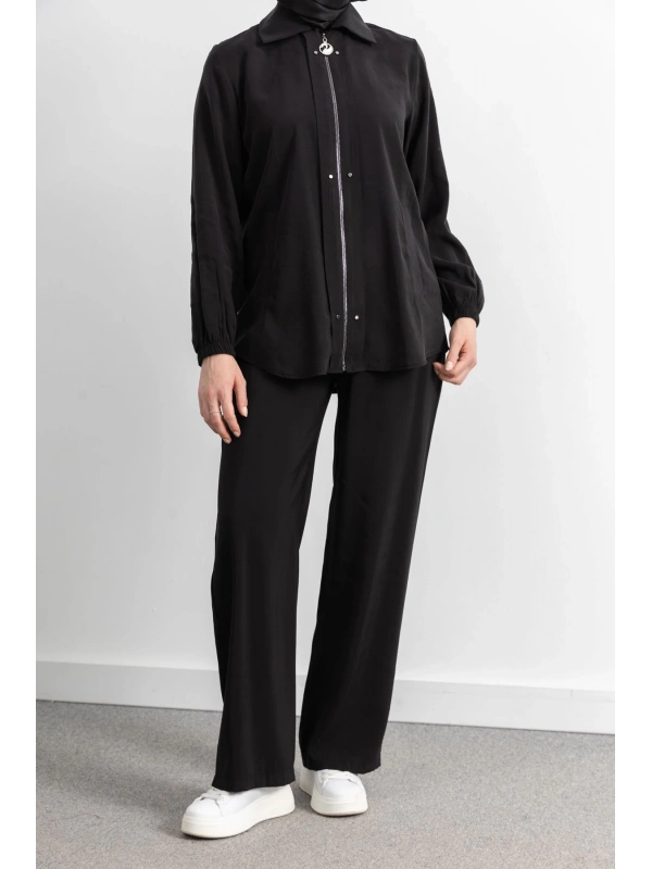 LETAFET RİVET DETAYLI FERMUARLI PANTOLONLU TAKIM - SİYAH