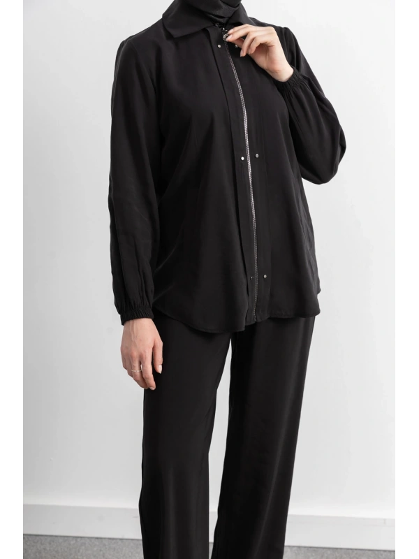 LETAFET RİVET DETAYLI FERMUARLI PANTOLONLU TAKIM - SİYAH