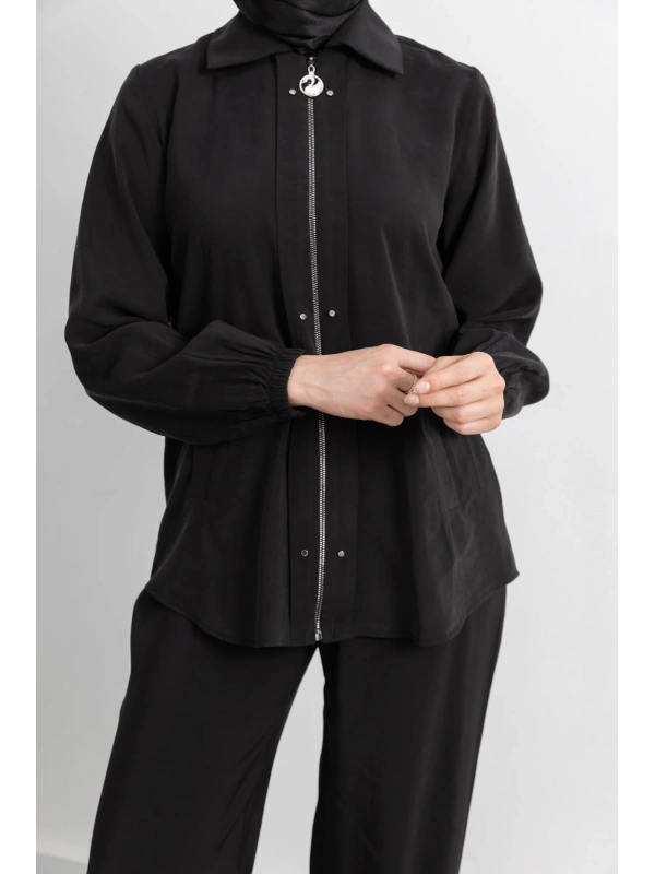 LETAFET RİVET DETAYLI FERMUARLI PANTOLONLU TAKIM - SİYAH