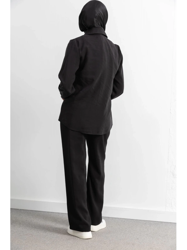 LETAFET RİVET DETAYLI FERMUARLI PANTOLONLU TAKIM - SİYAH