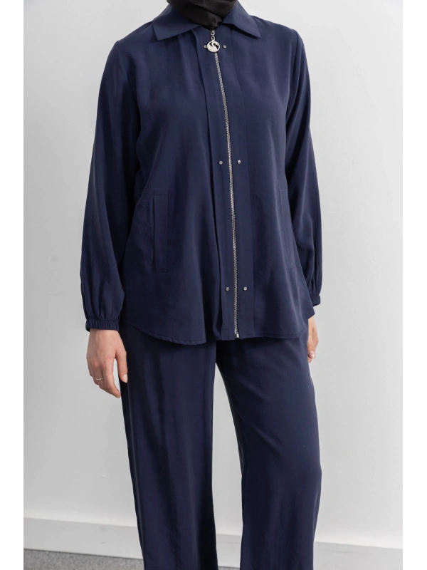 LETAFET RİVET DETAYLI FERMUARLI PANTOLONLU TAKIM - LACİVERT