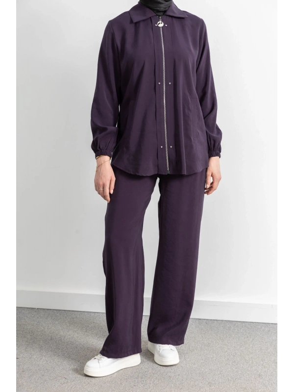 LETAFET RİVET DETAYLI FERMUARLI PANTOLONLU TAKIM - MÜRDÜM