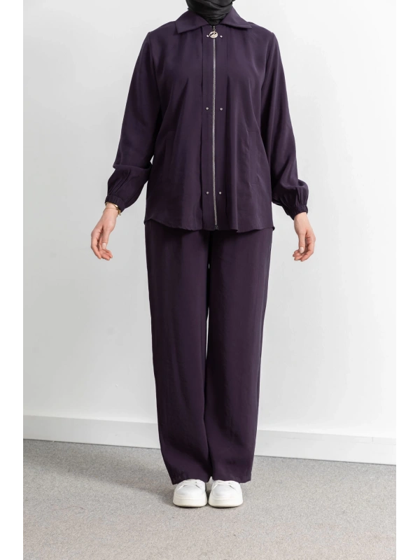 LETAFET RİVET DETAYLI FERMUARLI PANTOLONLU TAKIM - MÜRDÜM