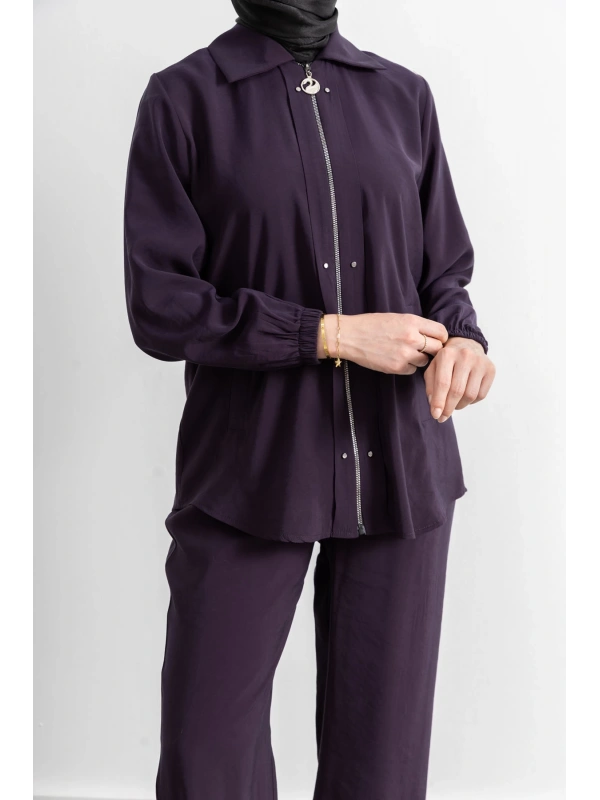 LETAFET RİVET DETAYLI FERMUARLI PANTOLONLU TAKIM - MÜRDÜM