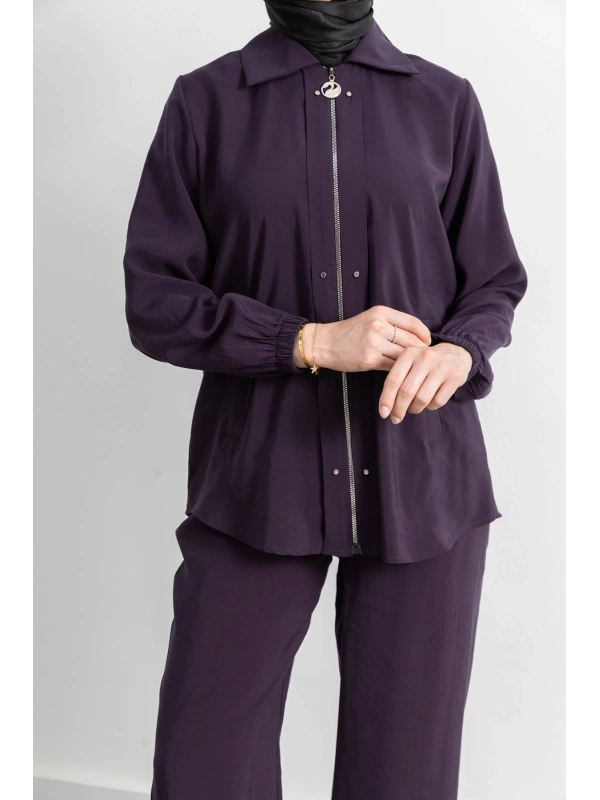 LETAFET RİVET DETAYLI FERMUARLI PANTOLONLU TAKIM - MÜRDÜM