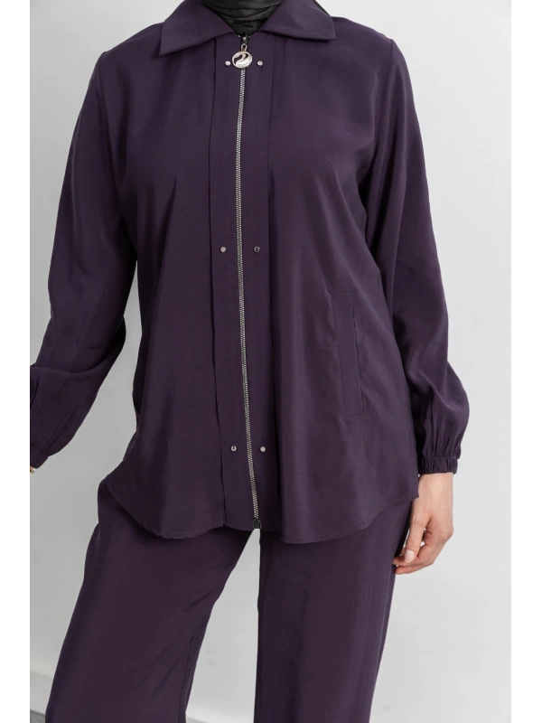 LETAFET RİVET DETAYLI FERMUARLI PANTOLONLU TAKIM - MÜRDÜM