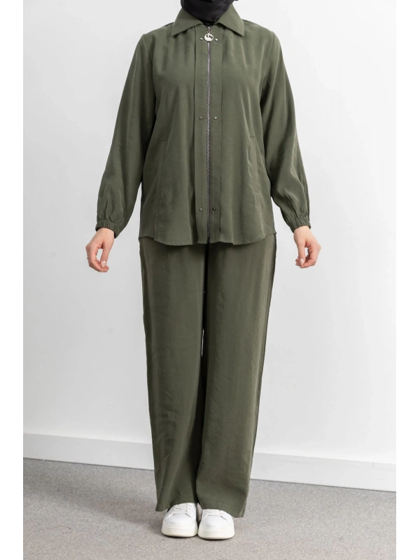 LETAFET RİVET DETAYLI FERMUARLI PANTOLONLU TAKIM - HAKİ