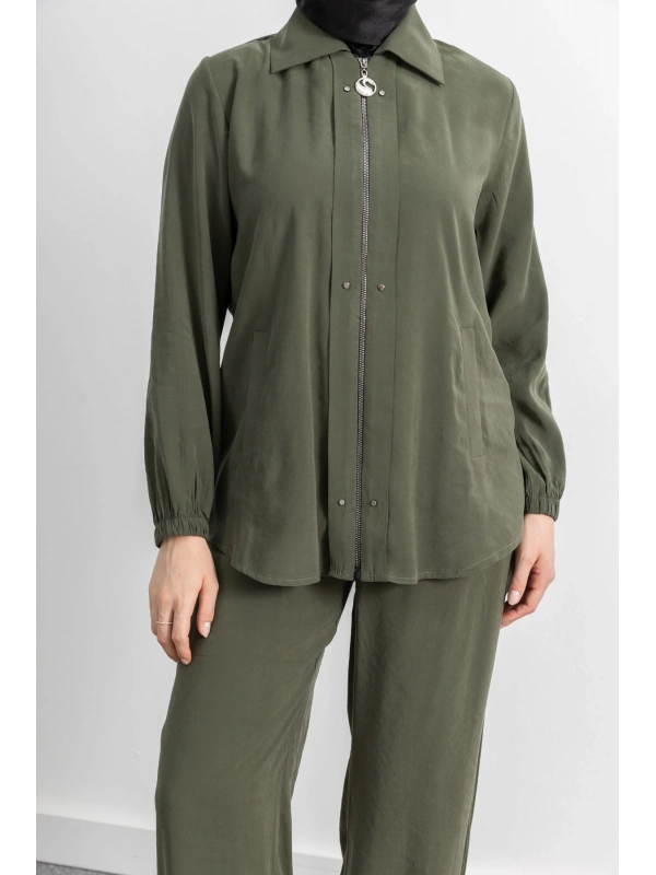 LETAFET RİVET DETAYLI FERMUARLI PANTOLONLU TAKIM - HAKİ