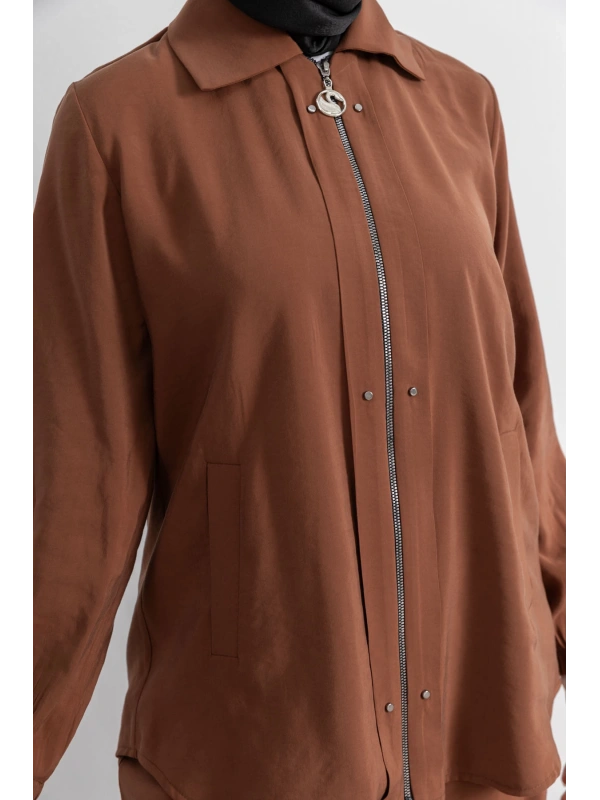 LETAFET RİVET DETAYLI FERMUARLI PANTOLONLU TAKIM - TABA