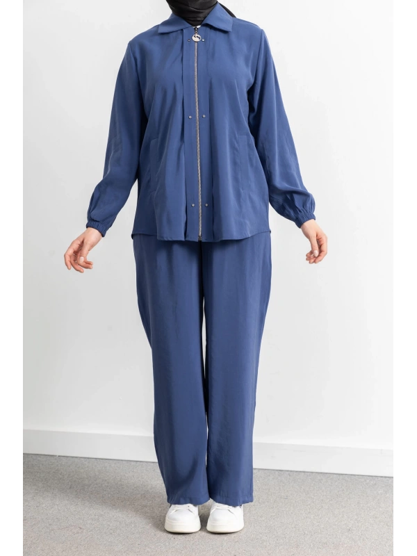 LETAFET RİVET DETAYLI FERMUARLI PANTOLONLU TAKIM - İNDİGO