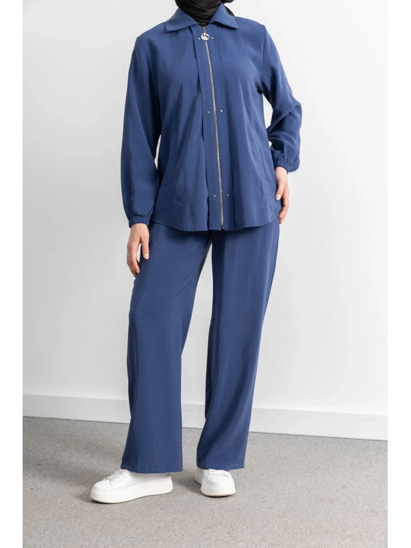 LETAFET RİVET DETAYLI FERMUARLI PANTOLONLU TAKIM - İNDİGO