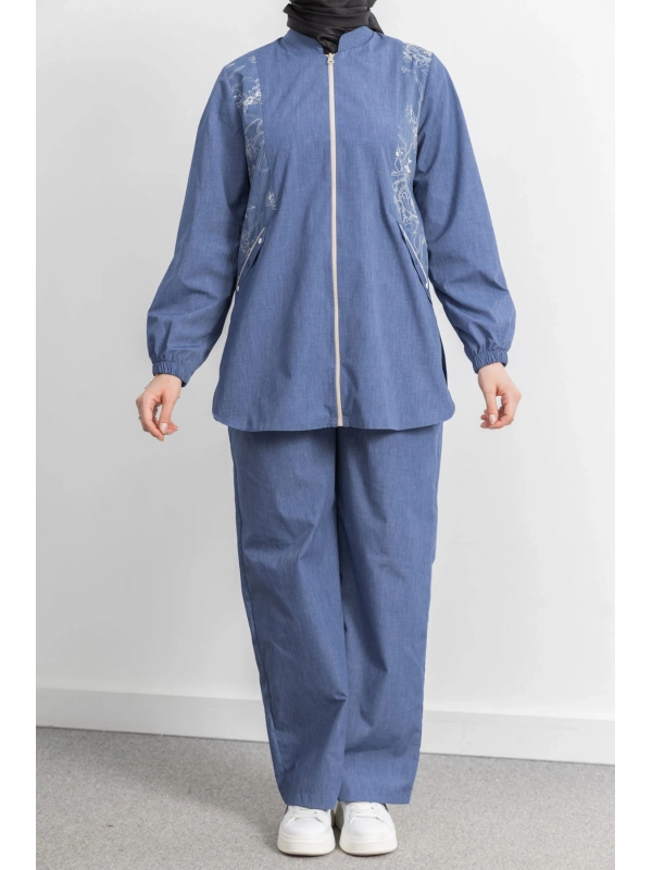 LETAFET NAKIŞ DETAYLI KOT CEKET PANTOLONLU TAKIM - İNDİGO