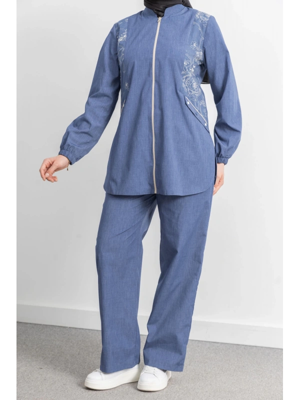 LETAFET NAKIŞ DETAYLI KOT CEKET PANTOLONLU TAKIM - İNDİGO