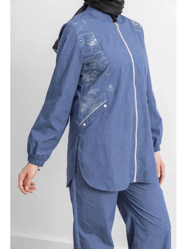 LETAFET NAKIŞ DETAYLI KOT CEKET PANTOLONLU TAKIM - İNDİGO