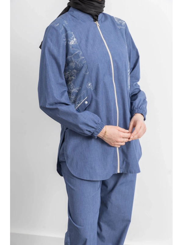 LETAFET NAKIŞ DETAYLI KOT CEKET PANTOLONLU TAKIM - İNDİGO