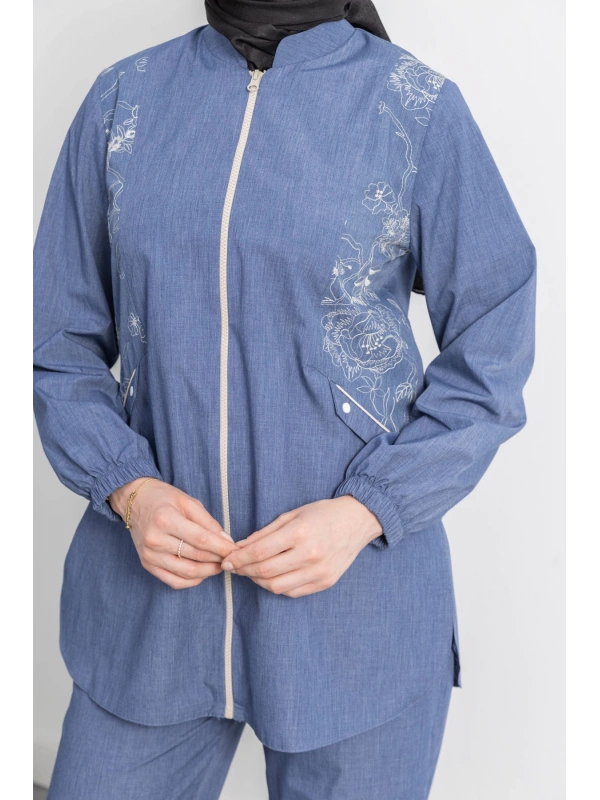 LETAFET NAKIŞ DETAYLI KOT CEKET PANTOLONLU TAKIM - İNDİGO