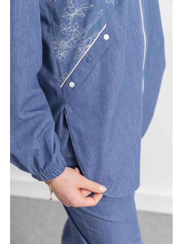 LETAFET NAKIŞ DETAYLI KOT CEKET PANTOLONLU TAKIM - İNDİGO