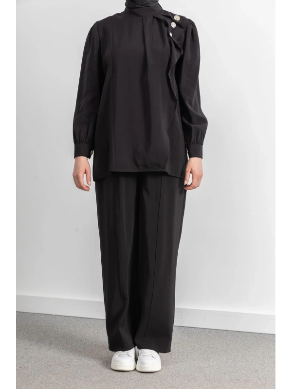 LETAFET ÖNÜ VOLAN DETAYLI PANTOLONLU TAKIM - SİYAH