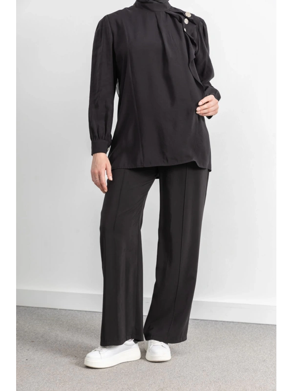 LETAFET ÖNÜ VOLAN DETAYLI PANTOLONLU TAKIM - SİYAH