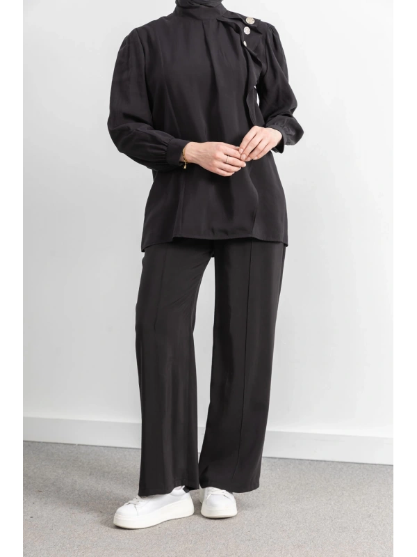 LETAFET ÖNÜ VOLAN DETAYLI PANTOLONLU TAKIM - SİYAH