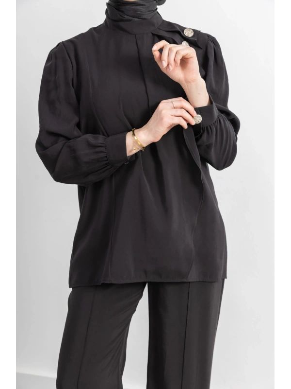 LETAFET ÖNÜ VOLAN DETAYLI PANTOLONLU TAKIM - SİYAH