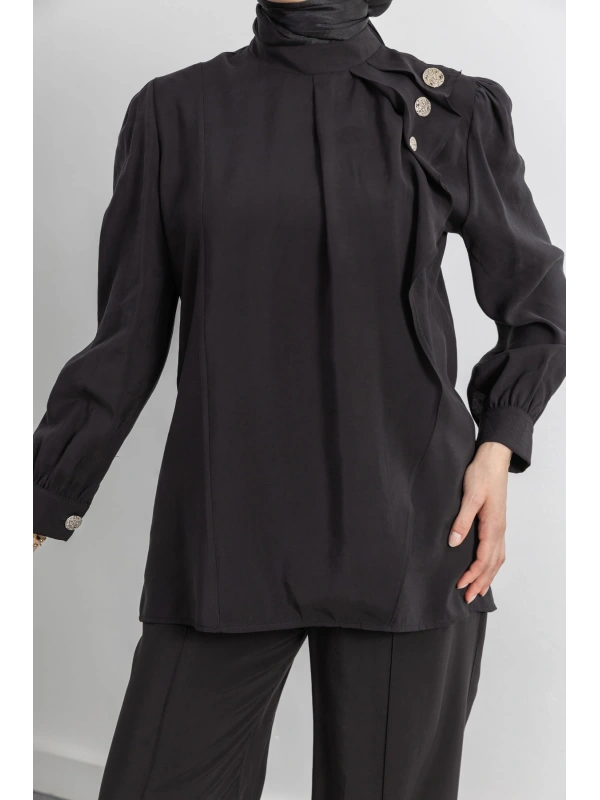 LETAFET ÖNÜ VOLAN DETAYLI PANTOLONLU TAKIM - SİYAH