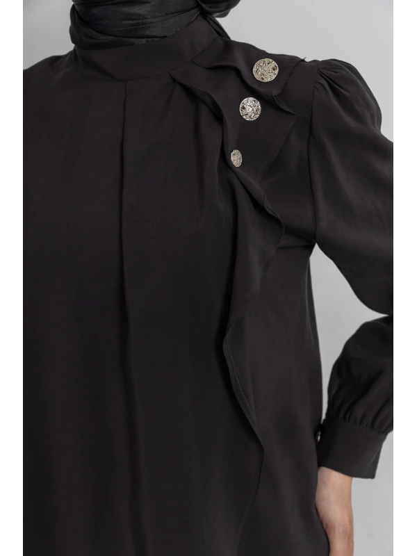 LETAFET ÖNÜ VOLAN DETAYLI PANTOLONLU TAKIM - SİYAH