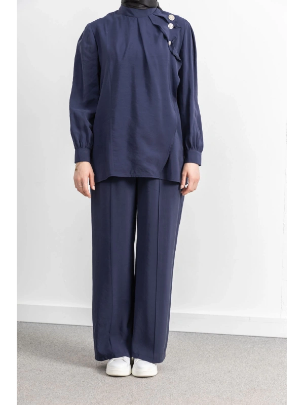 LETAFET ÖNÜ VOLAN DETAYLI PANTOLONLU TAKIM - LACİVERT