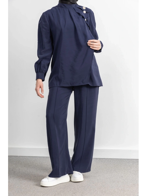 LETAFET ÖNÜ VOLAN DETAYLI PANTOLONLU TAKIM - LACİVERT
