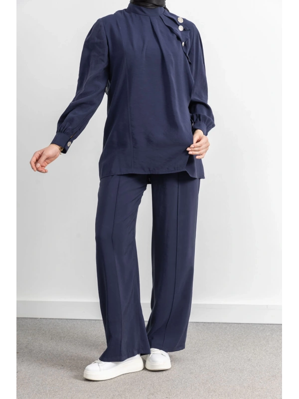 LETAFET ÖNÜ VOLAN DETAYLI PANTOLONLU TAKIM - LACİVERT