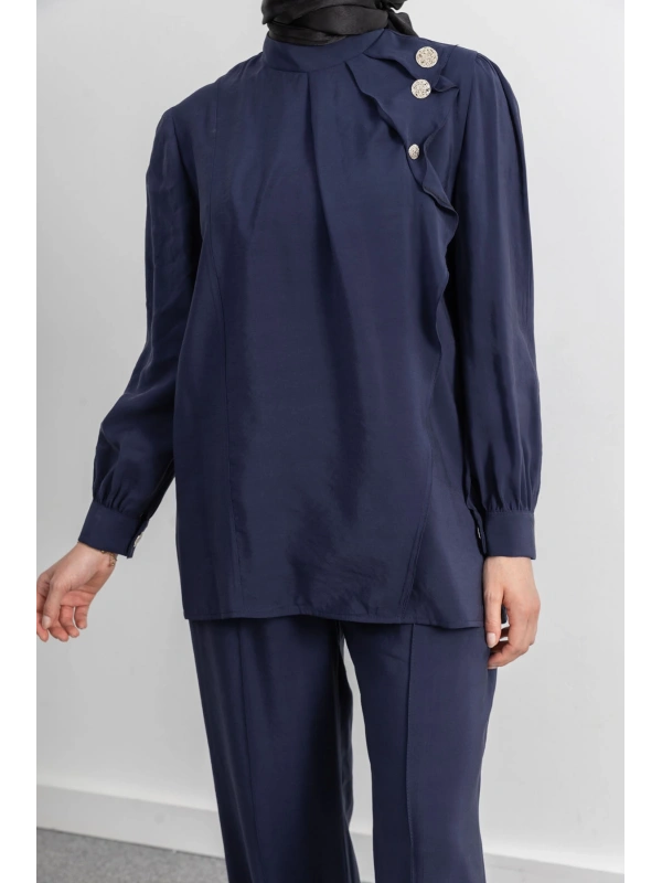 LETAFET ÖNÜ VOLAN DETAYLI PANTOLONLU TAKIM - LACİVERT