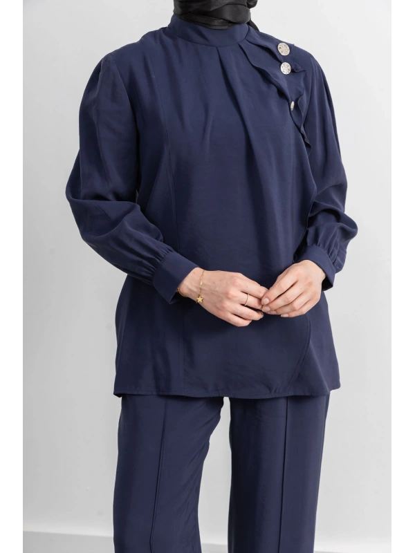 LETAFET ÖNÜ VOLAN DETAYLI PANTOLONLU TAKIM - LACİVERT