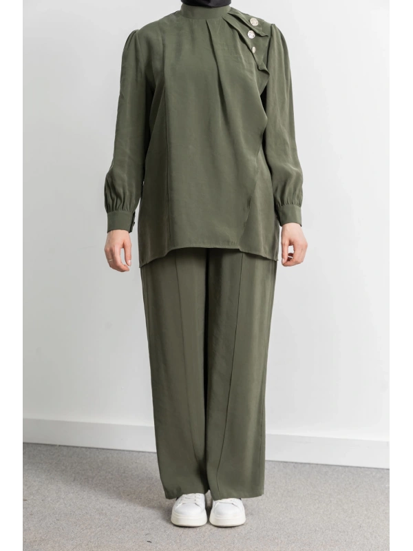 LETAFET ÖNÜ VOLAN DETAYLI PANTOLONLU TAKIM - HAKİ