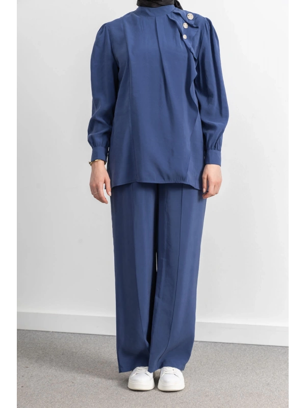 LETAFET ÖNÜ VOLAN DETAYLI PANTOLONLU TAKIM - İNDİGO