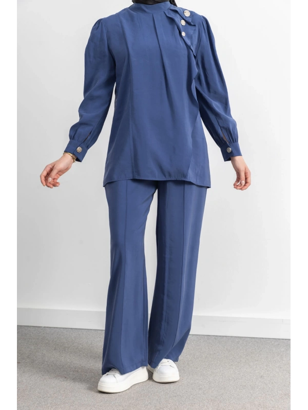 LETAFET ÖNÜ VOLAN DETAYLI PANTOLONLU TAKIM - İNDİGO