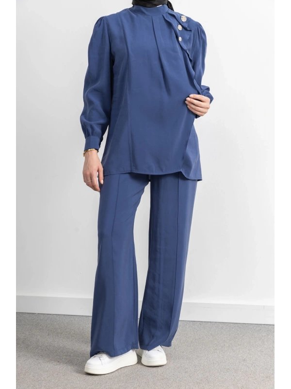 LETAFET ÖNÜ VOLAN DETAYLI PANTOLONLU TAKIM - İNDİGO