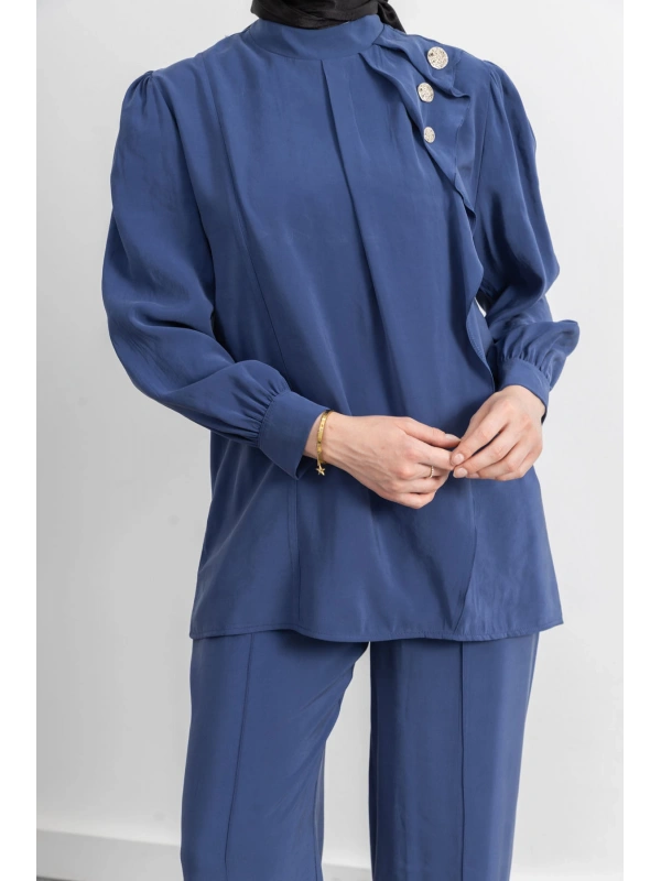 LETAFET ÖNÜ VOLAN DETAYLI PANTOLONLU TAKIM - İNDİGO