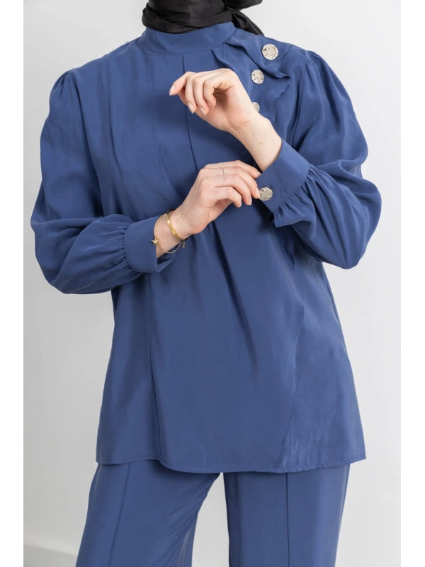 LETAFET ÖNÜ VOLAN DETAYLI PANTOLONLU TAKIM - İNDİGO