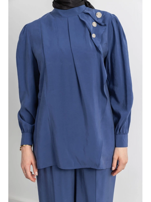 LETAFET ÖNÜ VOLAN DETAYLI PANTOLONLU TAKIM - İNDİGO