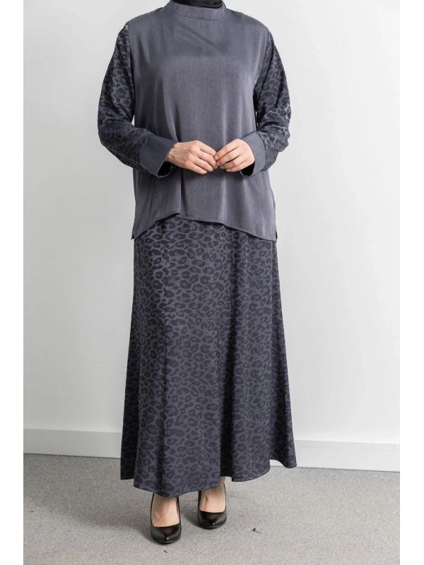 LETAFET PLUS DESENLİ ETEK TAKIM - GRİ - LEOPAR