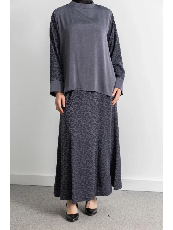 LETAFET PLUS DESENLİ ETEK TAKIM - GRİ - LEOPAR