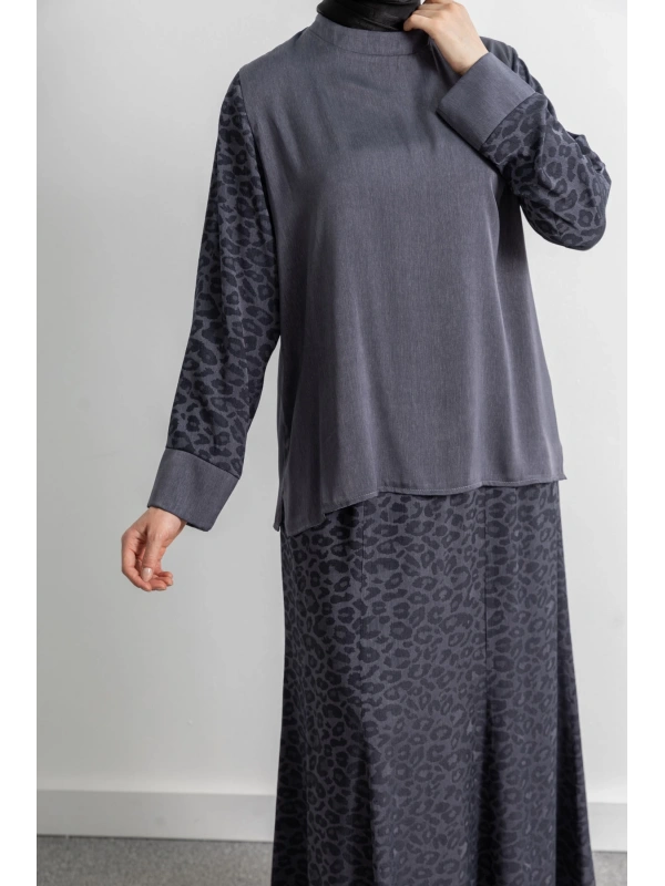 LETAFET PLUS DESENLİ ETEK TAKIM - GRİ - LEOPAR