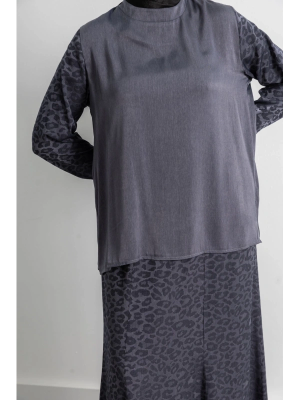 LETAFET PLUS DESENLİ ETEK TAKIM - GRİ - LEOPAR