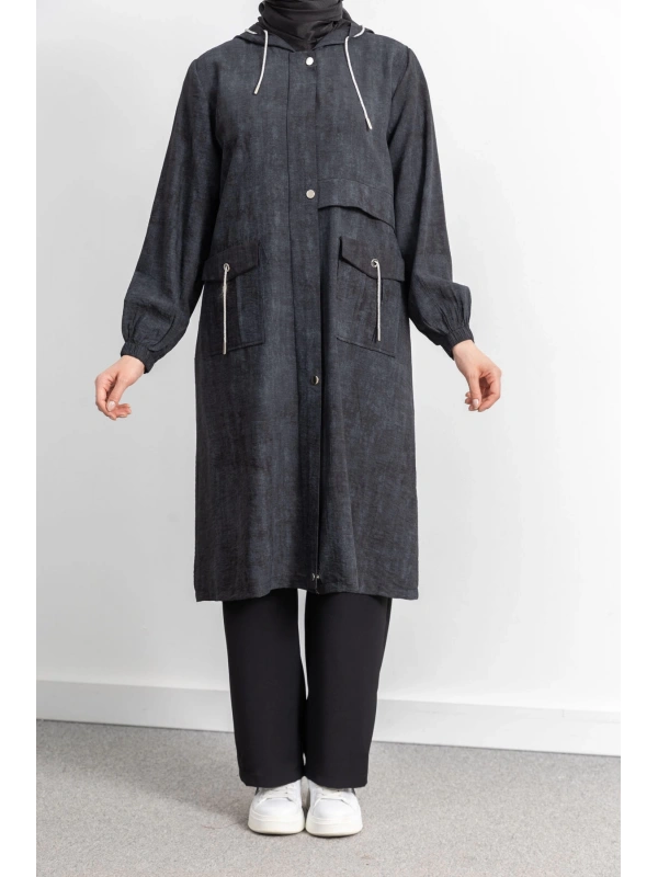 KAPÜŞONLU BASKILI ALLER DETAYLI ARABOY - SİYAH