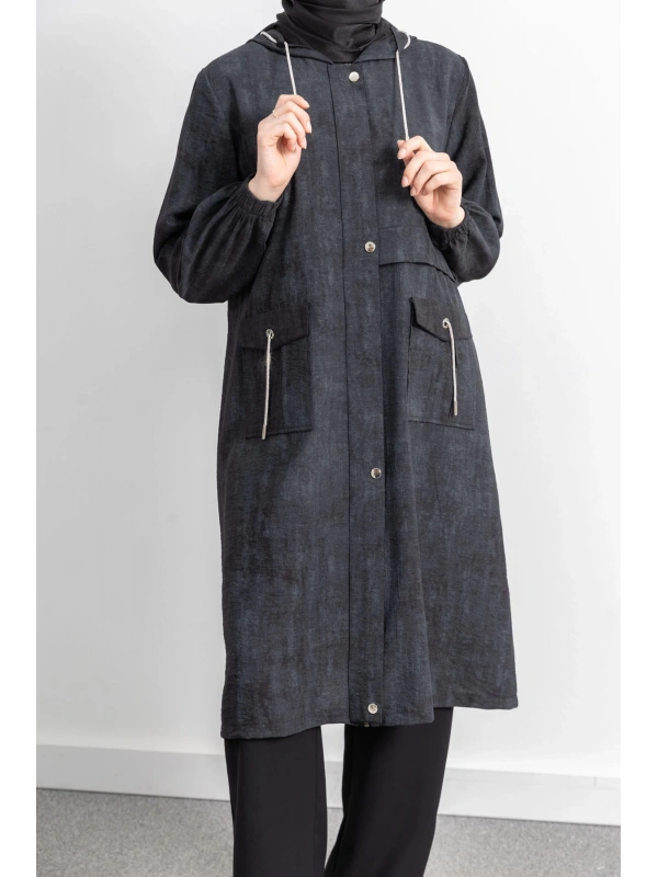 KAPÜŞONLU BASKILI ALLER DETAYLI ARABOY - SİYAH