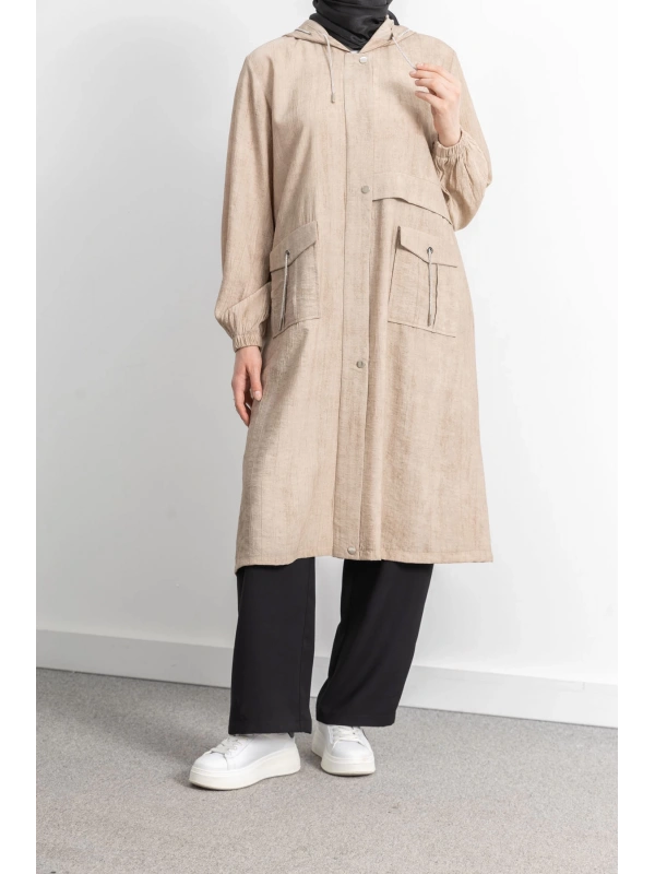 KAPÜŞONLU BASKILI ALLER DETAYLI ARABOY - BEJ