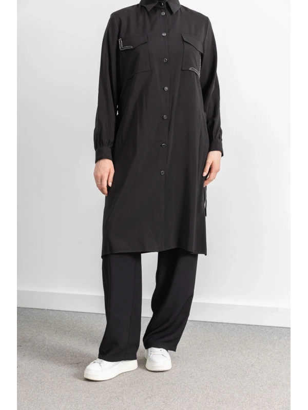 CEPLERİ TAŞ DETAYLI KUŞAKLI ARABOY - SİYAH